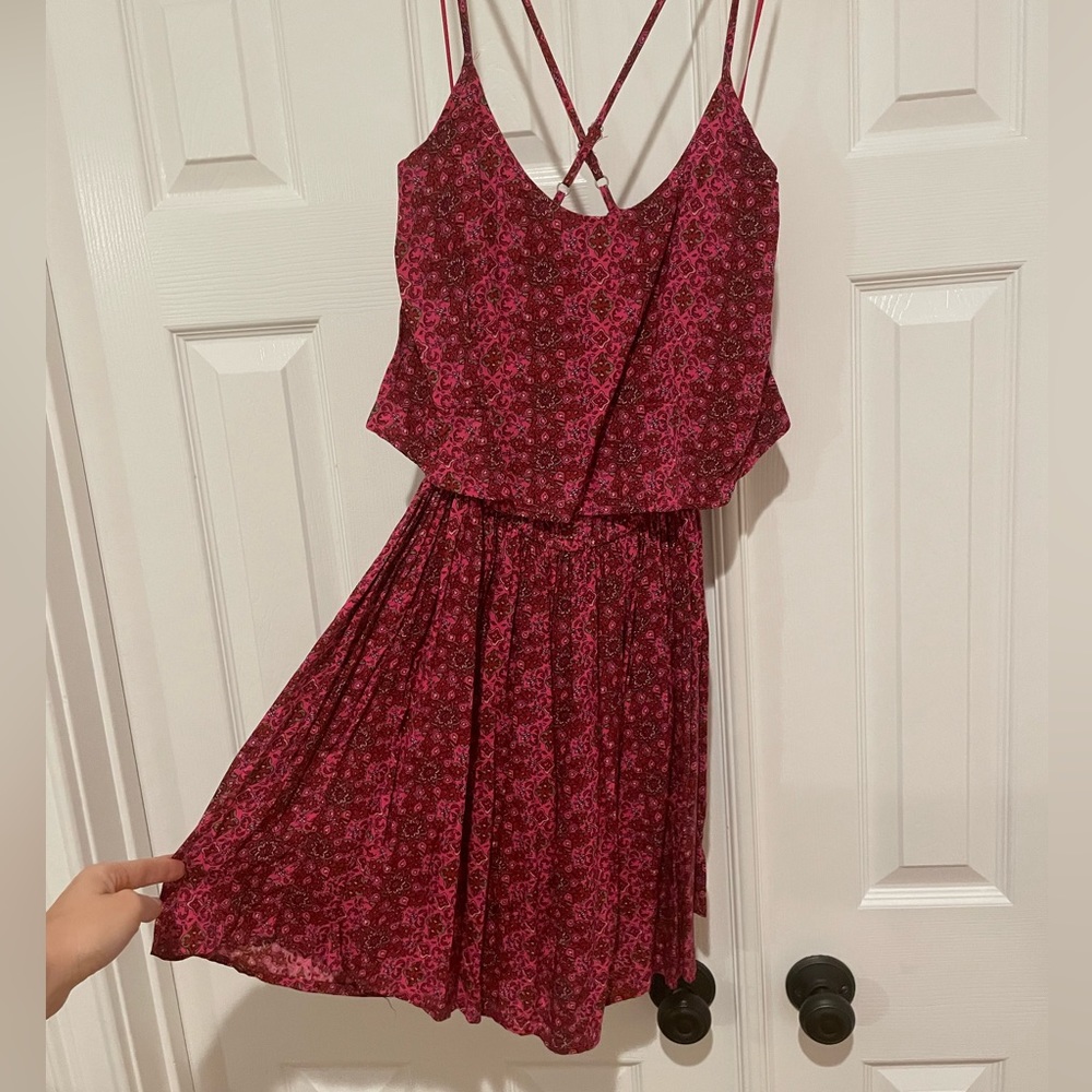 Hollis yet pink print mini dress with cross back straps and elastic waist